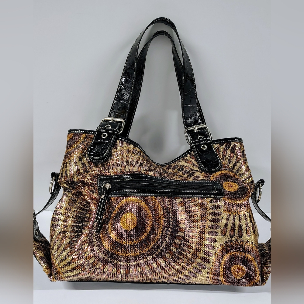 Fabulous Large Sequin Sun Sparkle Handbag w Faux Patent Leather Straps 🐆 Lining